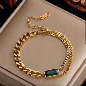 Gold Plated Stainless Steel Chain Bracelet with Green Gemstone